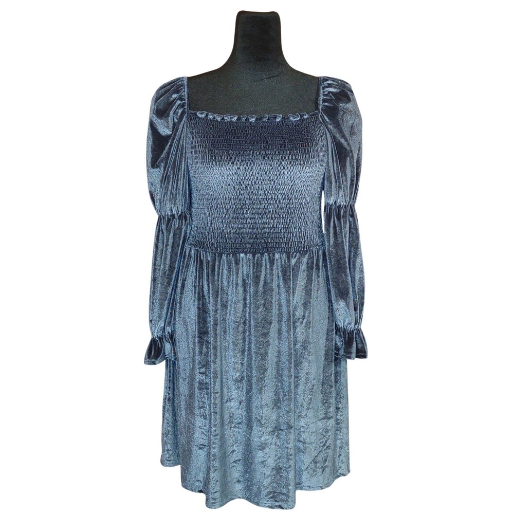 Velvet Milkmaid‎ Smocked Square Neck Peasant Puff Sleeve Mini Dress - Blue XL